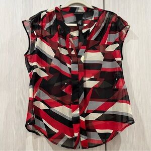 NEW Metaphor | Red,‎ Grey, Black Abstract Cap Sleeve Button Down Blouse | Large